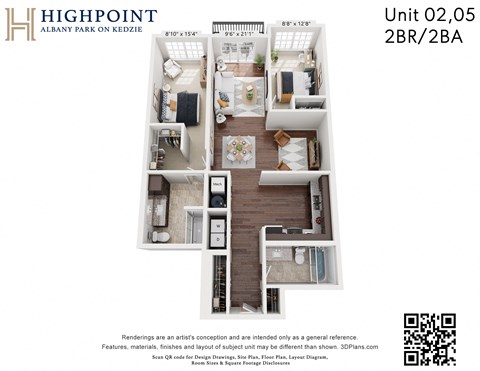 Floor plan for 2 beds, 2 baths, 1141 sqft